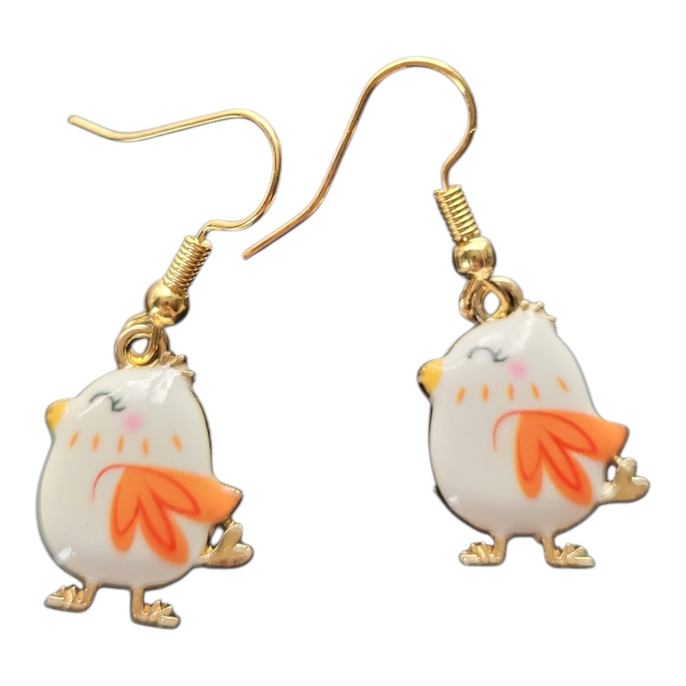 Gold Hook Cute White & Orange Bird Dangle Earrings - Picture 3 of 5